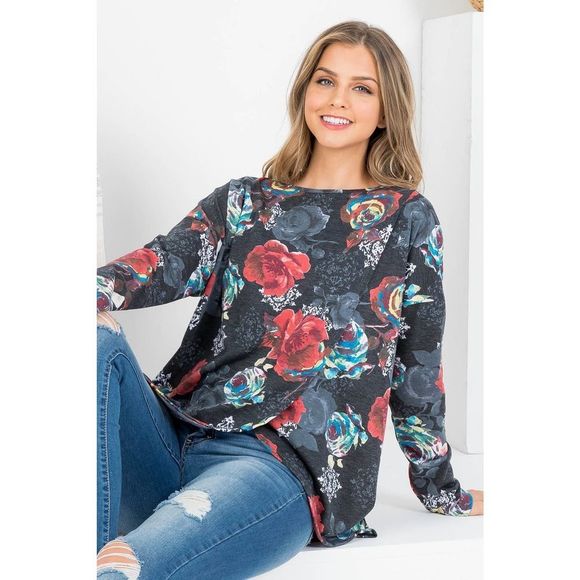 Black Floral Wrap Front Tunic Top - Picture 5 of 9